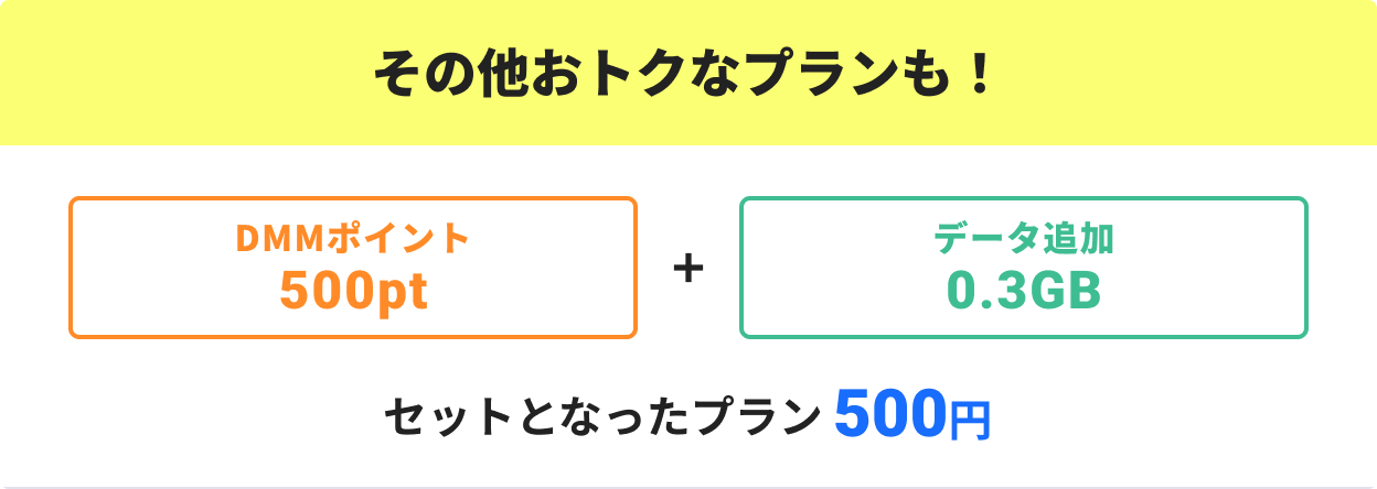 その他おトクなプランも！DMMポイント500pt＋データ追加0.3GB セットとなったプラン500円