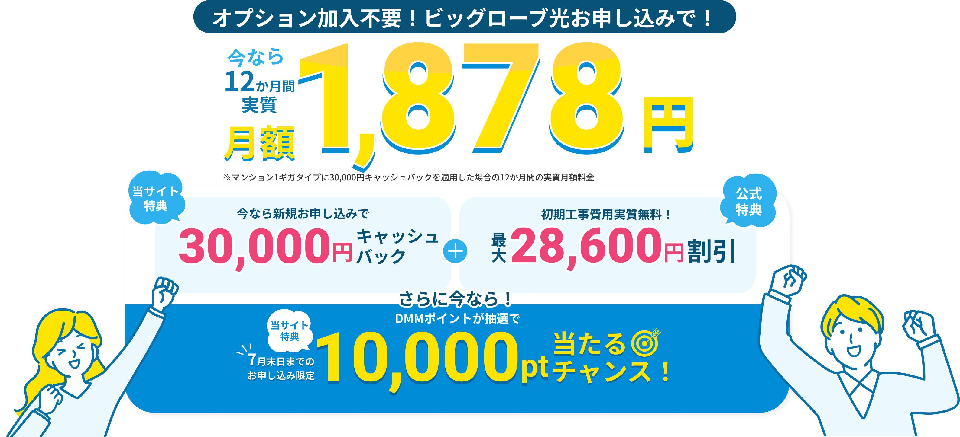 オプション加入不要！ビッグローブ光お申し込みで！ 今なら12か月間実質月額1,878円。さらに今なら！ 当サイト特典 7月末日までのお申し込み限定 DMMポイントが抽選で10,000pt当たるチャンス！