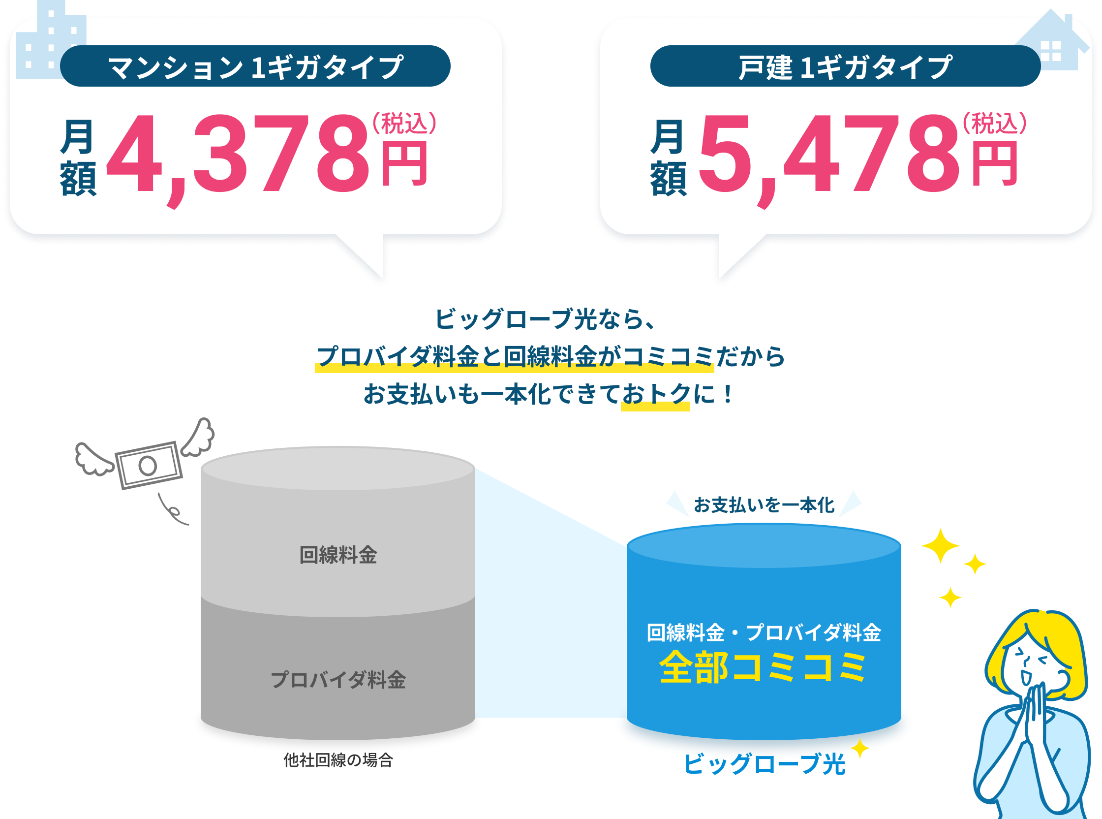 マンション 1ギガタイプ 税込月額4,378円。 戸建 1ギガタイプ 税込月額5,478円。ビッグローブ光なら、プロバイダ料金と回線料金がコミコミだからお支払いも一本化できておトクに！