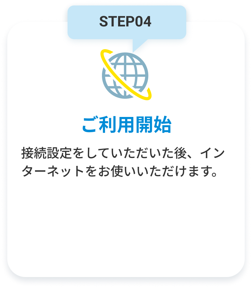 STEP04 ご利用開始。接続設定をしていただいた後、インターネットをお使いいただけます。